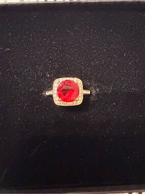 Beautiful Red Crystal Halo Ring - Gold Tone Stainless Steel.